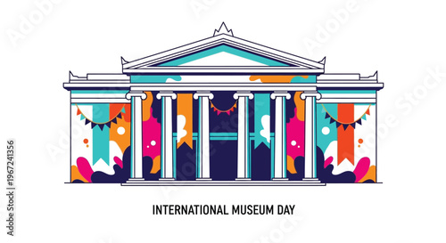 Colorful illustration of a classical building decorated for museum day