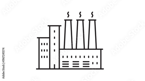 Factory building outline with smokestacks emitting steam, representing industrial structures and production processes with a clean, minimalist design.