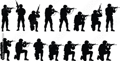 Military Soldier Silhouettes Set in Various Poses Featuring Armed Special Forces Infantry Crouching and Standing with Assault Rifles for Combat Mission and Tactical Defense