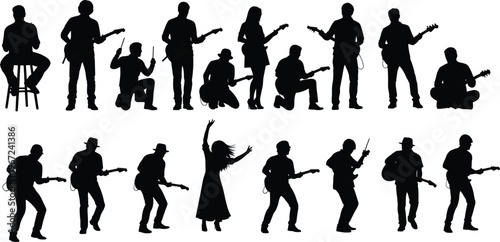Black silhouette collection of diverse musicians playing electric and acoustic guitars, featuring performers in various energetic poses for live music concert promotional event posters.