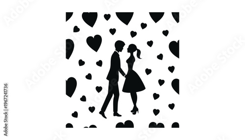 A loving couple silhouette illustration with hearts on a white background