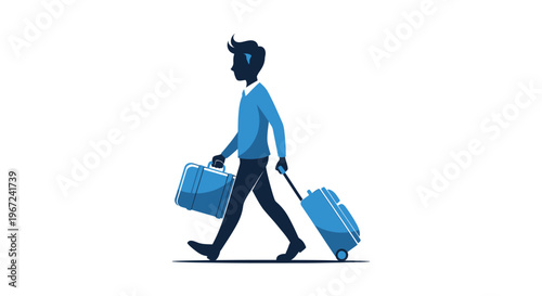 A businessman walks with a suitcase and travel bag on a white background