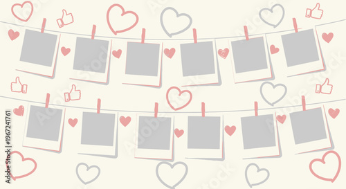 Retro photo frames on string with doodle hearts background