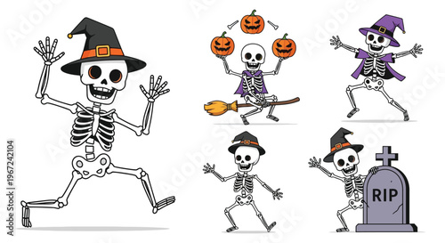 Festive halloween skeletons and pumpkins cheerfully celebrate the spooky season