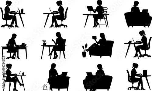 Women working from home silhouettes with laptop, remote work lifestyle, office and relaxation scenes, freelance concept, black vector illustration set