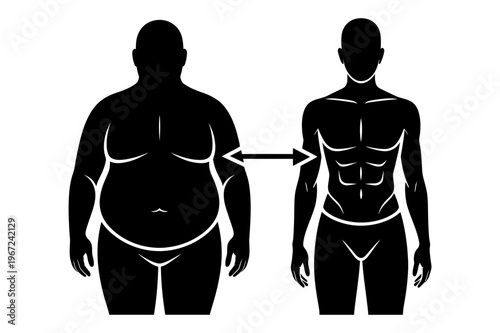 A vector graphic illustration of a man's body transformation from obese to fit