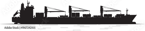 Black silhouette of cargo ship with cranes on water