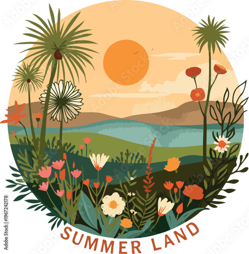 Tropical summer island with palm trees and flowers