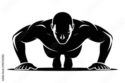 A muscular man doing push-ups in a black silhouette vector graphic