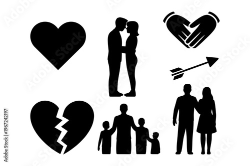 A set of black silhouettes depicting love and relationships in a minimalist style