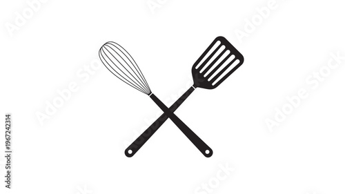 Kitchen utensils, whisk and spatula, black icon set on a white background, isolated graphic elements for cooking and baking.