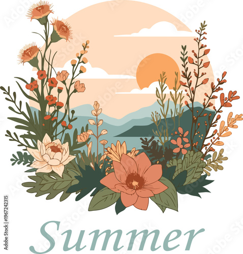 summer floral background with leaves and flowers