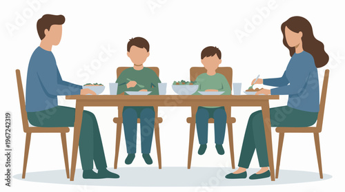 Family of four enjoying a healthy meal together at the dining table
