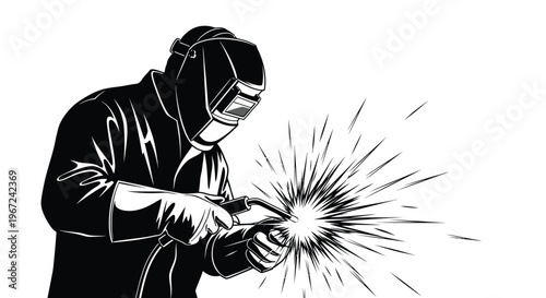 A welder working with sparks flying from metal depicted in black and white