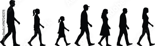 Black silhouettes of diverse people walking in sequence, varied ages and genders, human motion illustration symbolizing diversity, progression, commuting, lifestyle, teamwork, and urban daily routine