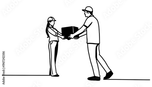 A delivery man and woman exchanging a package in a simple illustration
