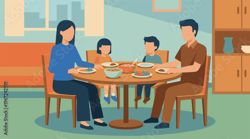 Family having dinner at home with parents and children eating meal