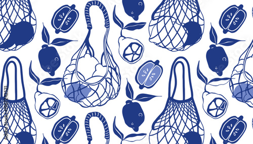 A blue and white illustration of mesh bags and fruit on a seamless background