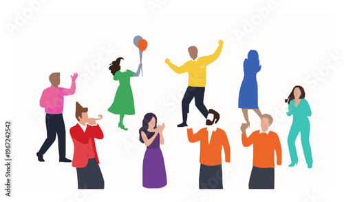 Colorful flat vector of happy party people celebrating with confetti and drinks