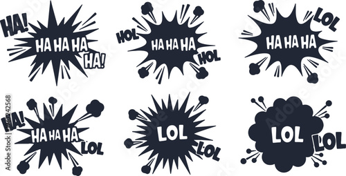 Comic book style laughter speech bubbles with ha ha and lol text on a plain white background.