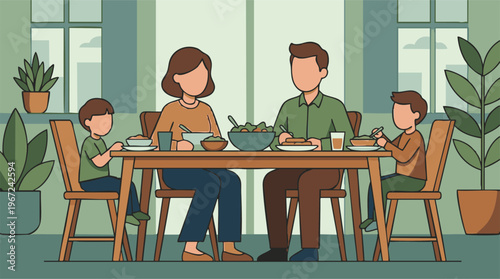 Family Dinner Illustration with Parents and Children Eating at Home