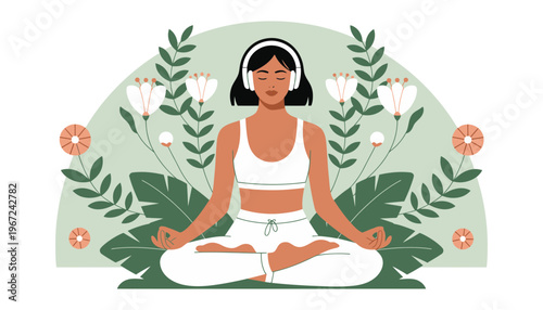 A woman meditating in a serene garden with flowers and leaves