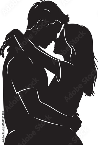 Black silhouette of couple kissing white background