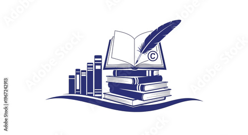 A stack of books with an open book and feather illustration