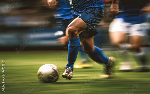 Male soccer player running with a ball, motion blur effect.