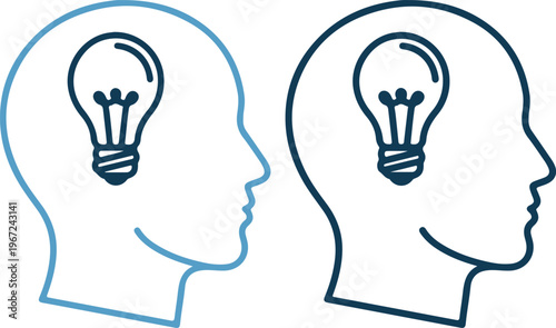 Two human heads with lightbulbs in a creative thinking concept