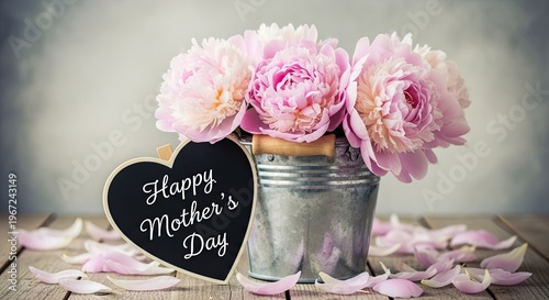 Happy mother s day floral arrangement pink peonies in a mason jar with heart shaped chalkboard greeting