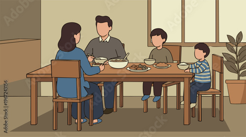 Illustration of a family enjoying dinner together at home, daily life