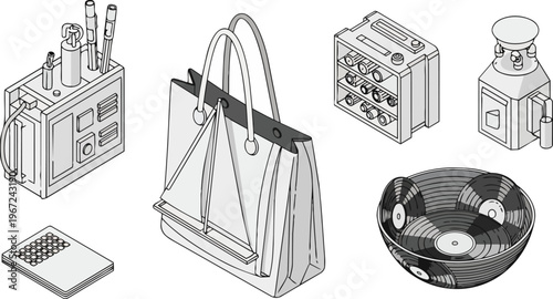 Isometric Line Art Illustration Set Featuring a Nautical Tote Bag, Vinyl Record Bowl, Laboratory Equipment, and Industrial Design Objects on White Background