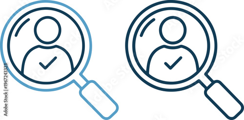 Magnifying glasses with verified person icons for screening and approval process