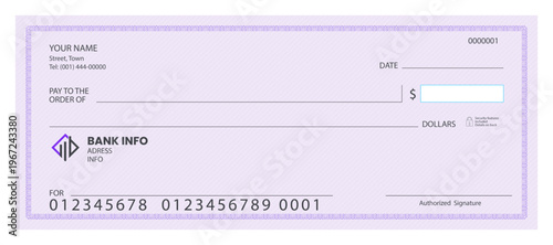 Bank check mockup. Vector.