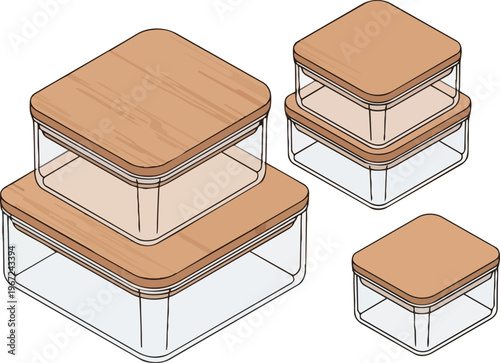 Modern Isometric Glass Food Storage Containers with Bamboo Lids, Eco-Friendly Kitchen Organization Illustration