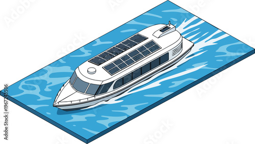 Isometric Vector Illustration of a Modern Solar Powered Electric Ferry Boat on Blue Water - Sustainable Green Energy Marine Transportation Concept