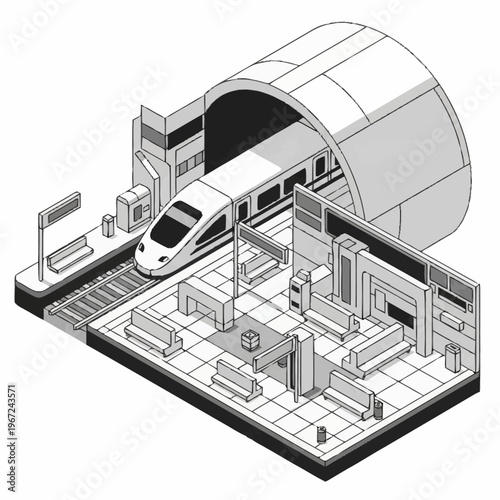 Isometric Train Station Illustration - Modern Transportation Hub Design.