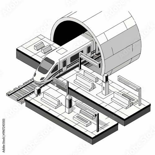 Isometric View of a Modern Train Entering a Tunnel.