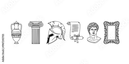 Set of ancient history line icons featuring an amphora, ionic column, spartan helmet, parchment scroll, classical bust, and ornate frame in a minimalist black and white style