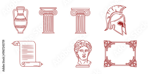 Set of ancient history line icons featuring an amphora, ionic column, spartan helmet, parchment scroll, classical bust, and ornate frame in a minimalist black and white style