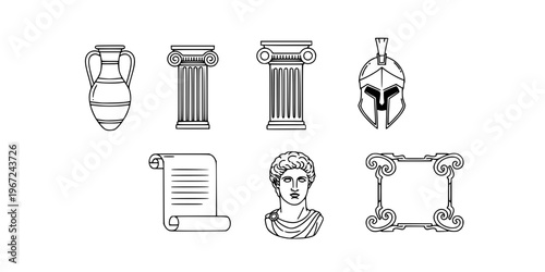 Set of ancient history line icons featuring an amphora, ionic column, spartan helmet, parchment scroll, classical bust, and ornate frame in a minimalist black and white style