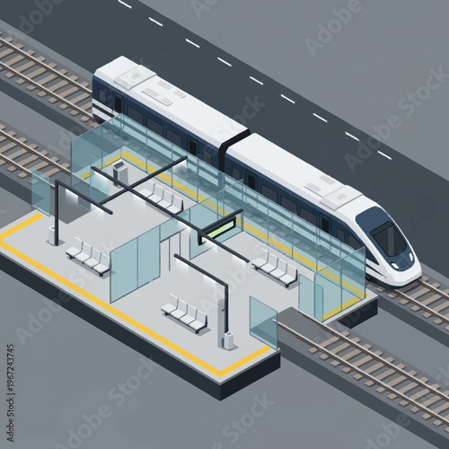 Isometric High-Speed Train at Station with Glass Barriers.