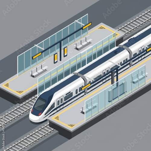 Isometric High-Speed Train at Station Platform Illustration.