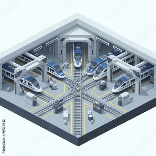 Isometric View of a Modern Train Depot with High-Speed Trains.