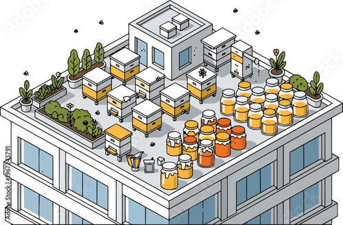 Isometric Illustration of an Urban Rooftop Bee Farm with Beehives and Honey Jars, Sustainable City Farming Concept