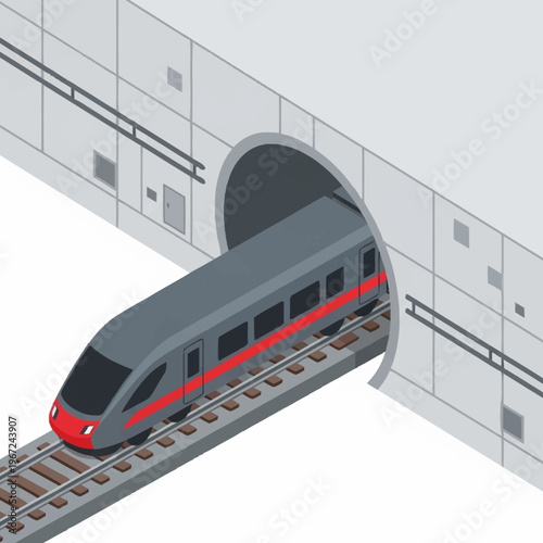 Isometric High-Speed Train Emerging from Tunnel Entrance.