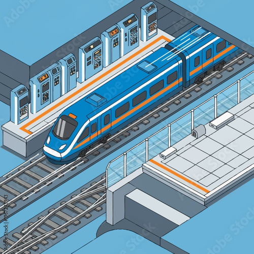 Isometric View of a Modern Blue Train at Station.