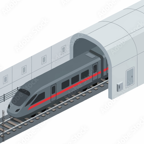Isometric High-Speed Train Emerging from Tunnel Entrance.