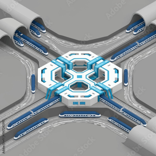 Futuristic Transportation Hub with High-Speed Trains and Central Station.